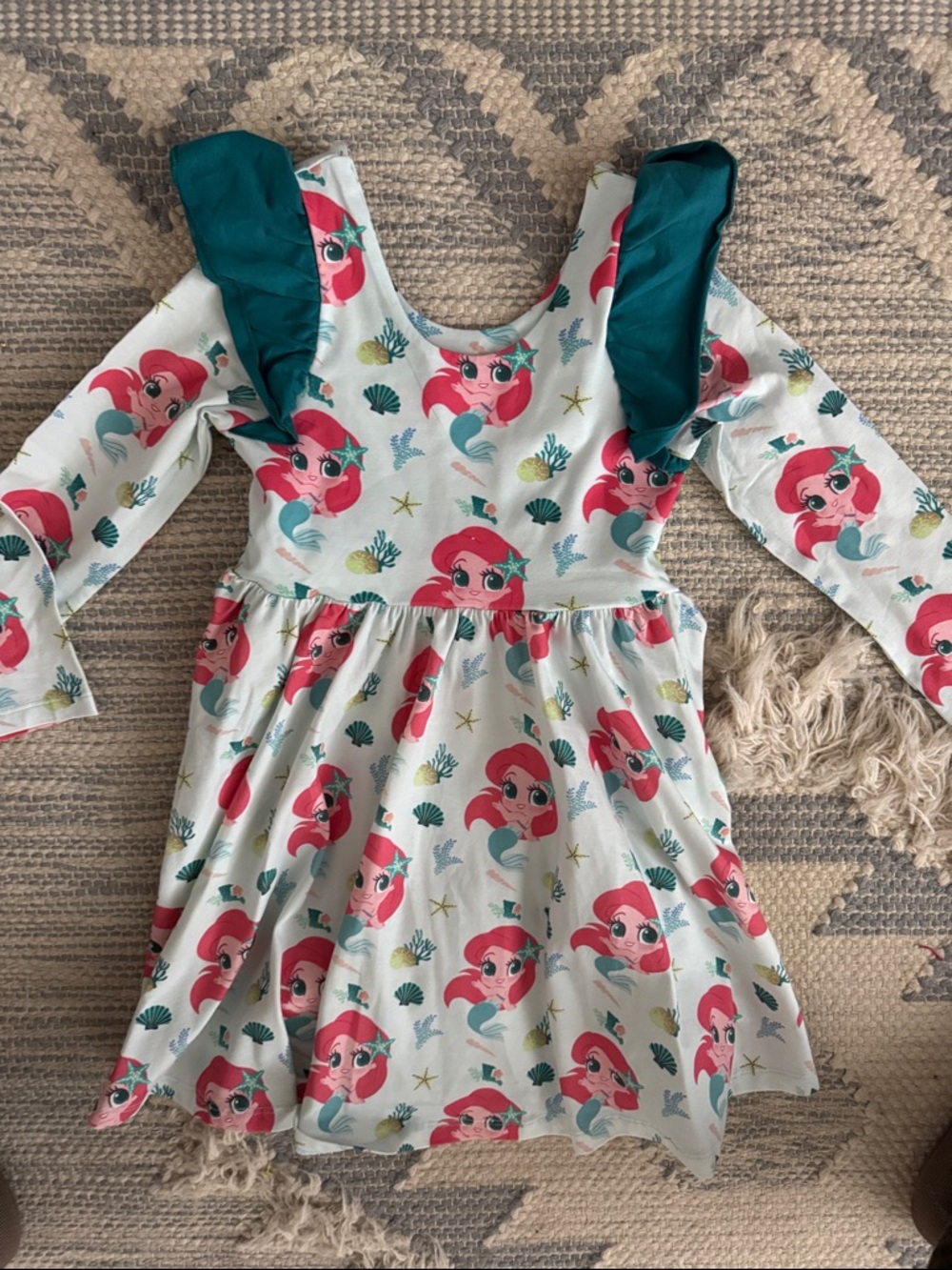 NWOT Monica & Andy Girls Disney Ariel Print Dress with Teal Ruffle Shoulders